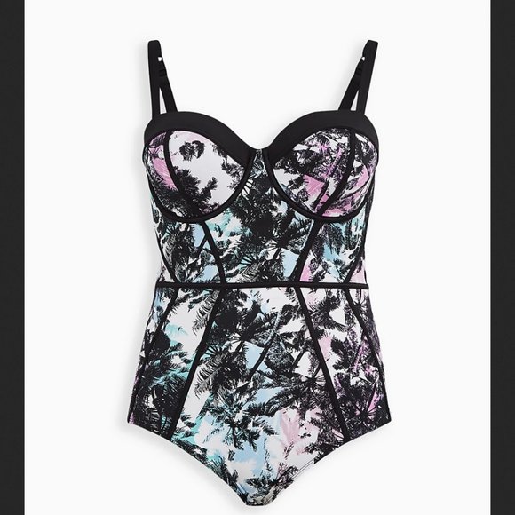 Torrid Plus Size 6X(30)D/DD Slim Fix Palm Print Underwire Push Up Swimsuit, NWT - Picture 2 of 4